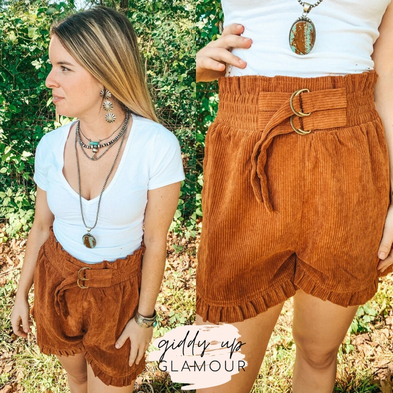 Last Chance Size Medium | Good Thing About It Corduroy Paper Bag Shorts in Rust EasyCareFabric