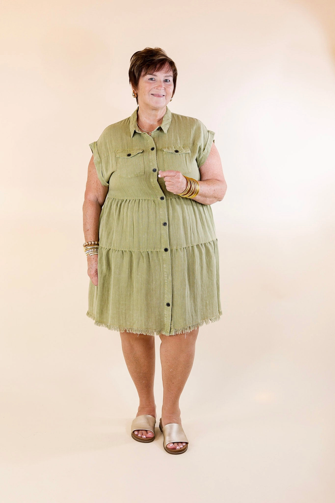 Oh Darling Ruffle Tiered Button Up Dress in Olive Green Travel Vibe Stylish Blouse