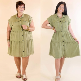 Meeting Ready Oh Darling Ruffle Tiered Button Up Dress in Olive Green