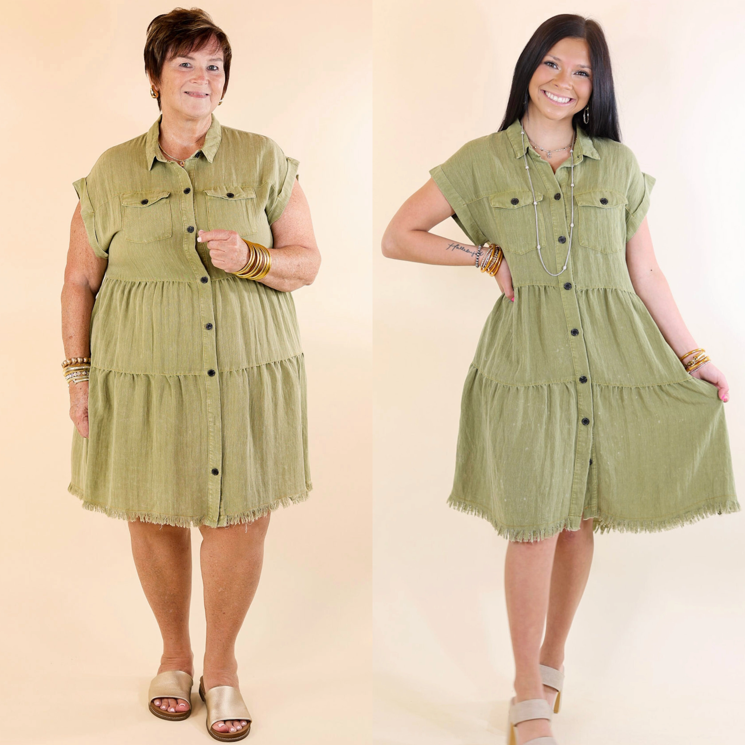 Meeting Ready Oh Darling Ruffle Tiered Button Up Dress in Olive Green