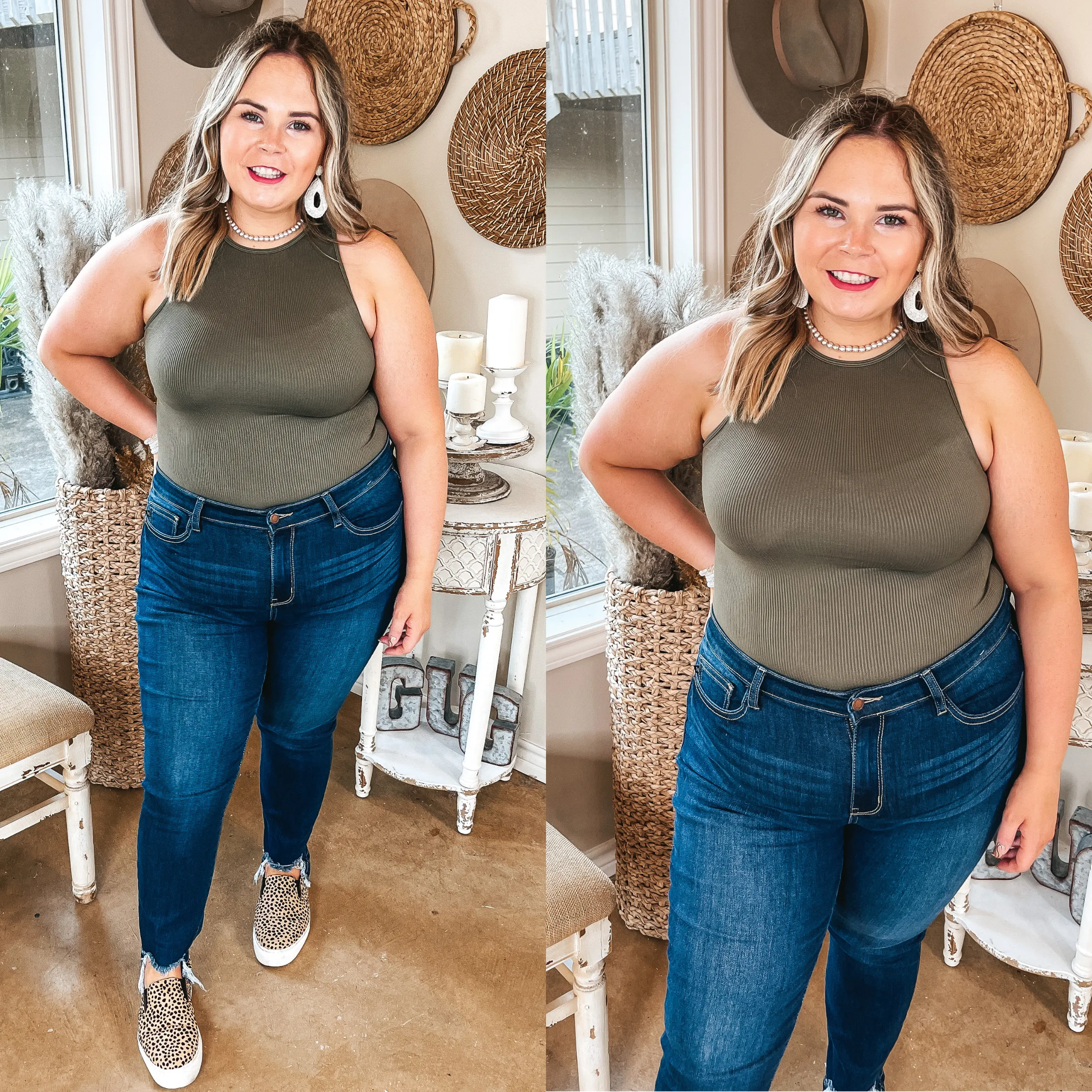 On the Lookout High Neck Ribbed Tank Top Bodysuit in Olive Green Reinforced Knees