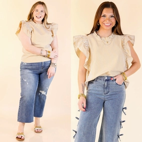 Striped Design On A Break Ruffle Cap Sleeve Pin Stripe Top in Mustard Yellow and Ivory