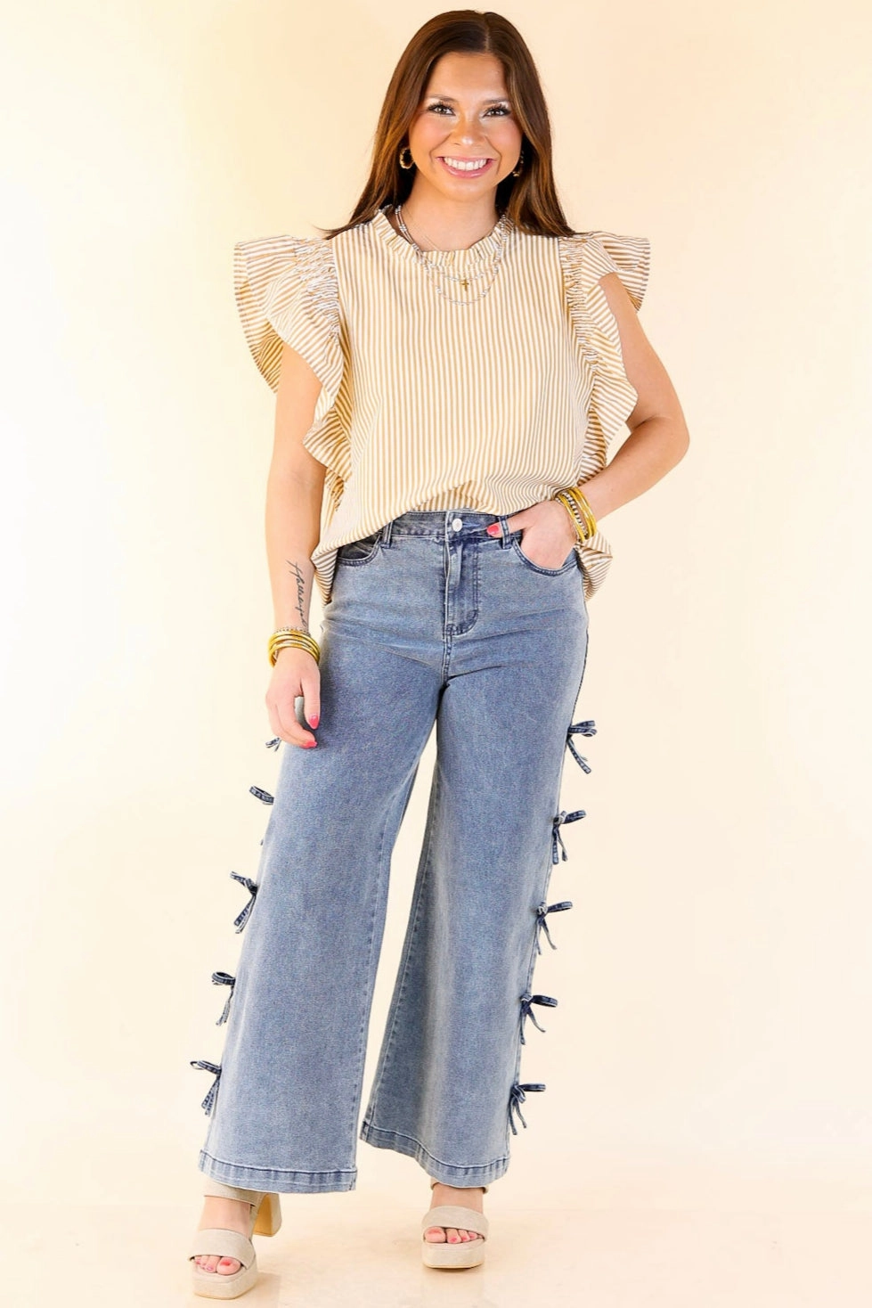 On A Break Ruffle Cap Sleeve Pin Stripe Top in Mustard Yellow and Ivory Multi Pocket Utility