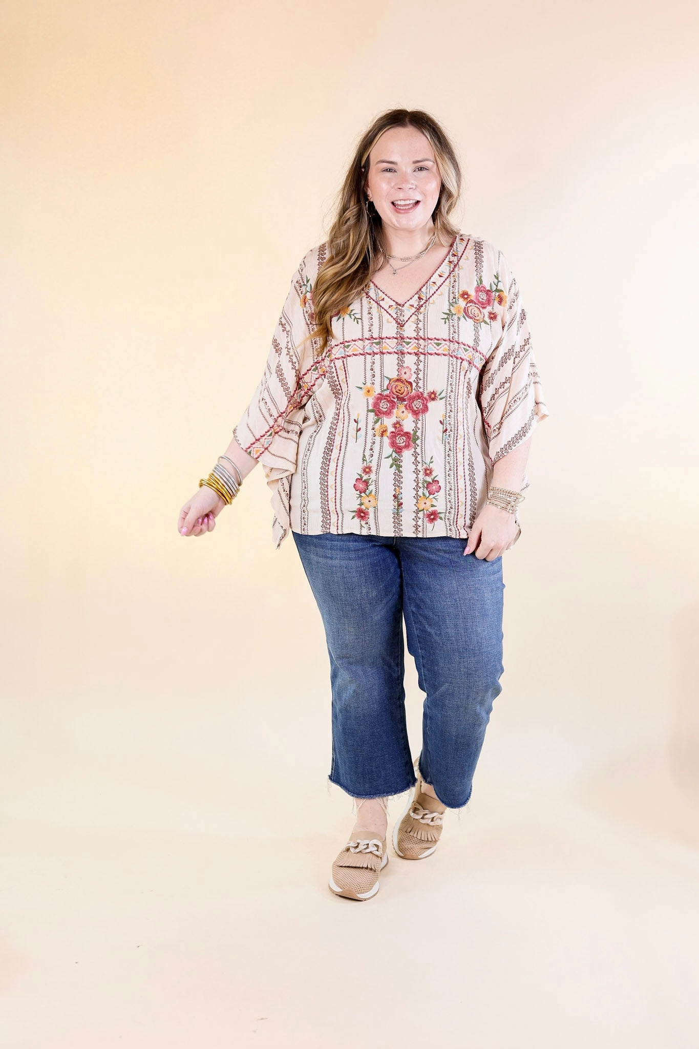 On A High Note Embroidered Poncho Top with V Neck in Ivory MultiPanel Design OdorResistant Coating