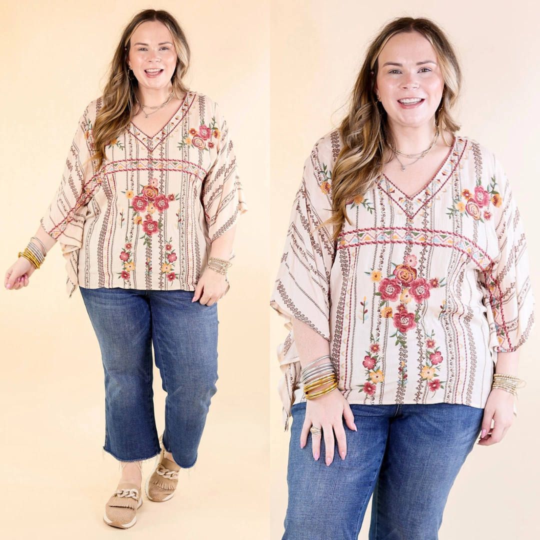 On A High Note Embroidered Poncho Top with V Neck in Ivory Glow In The Dark Accent Trim