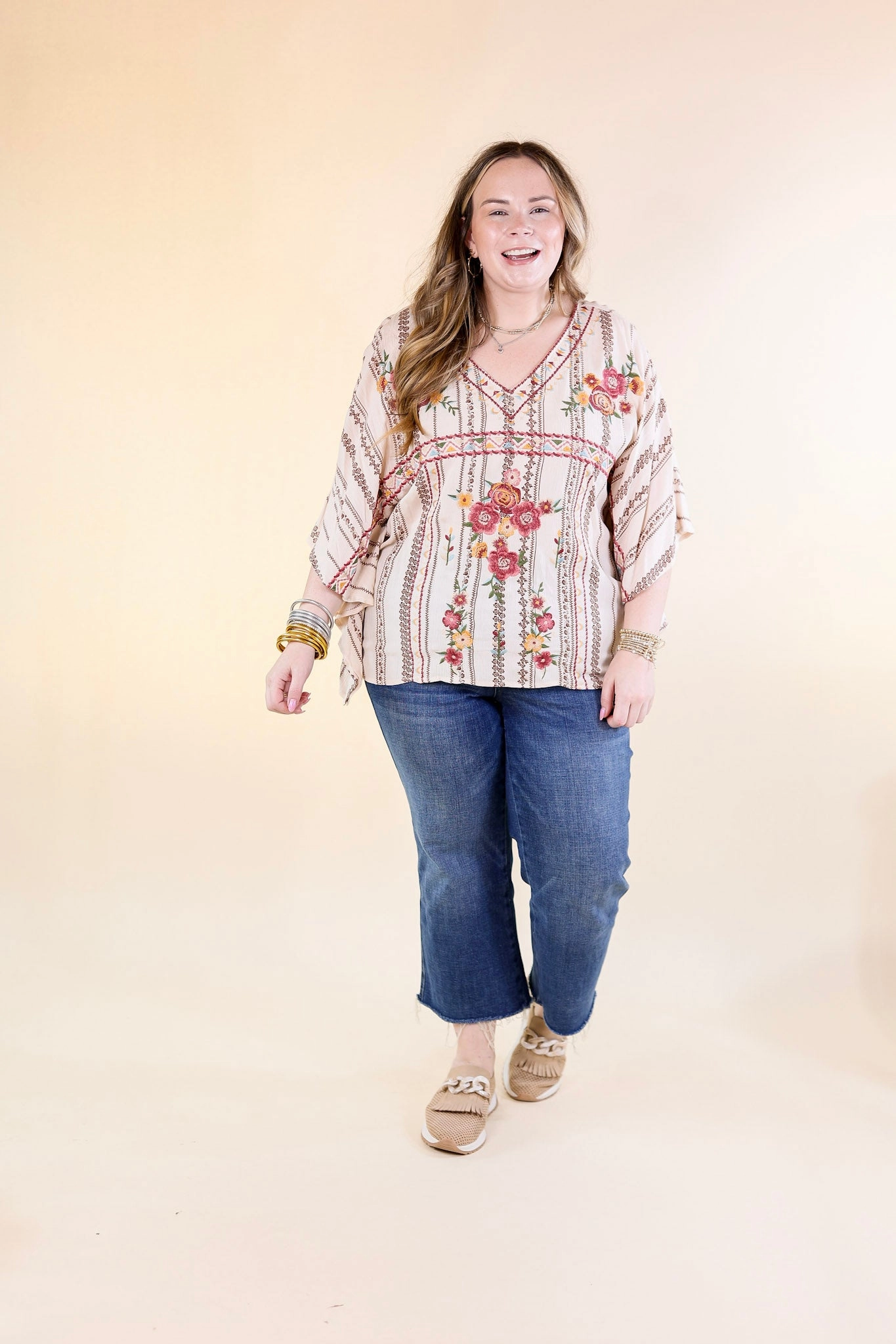 AntiPilling On A High Note Embroidered Poncho Top with V Neck in Ivory