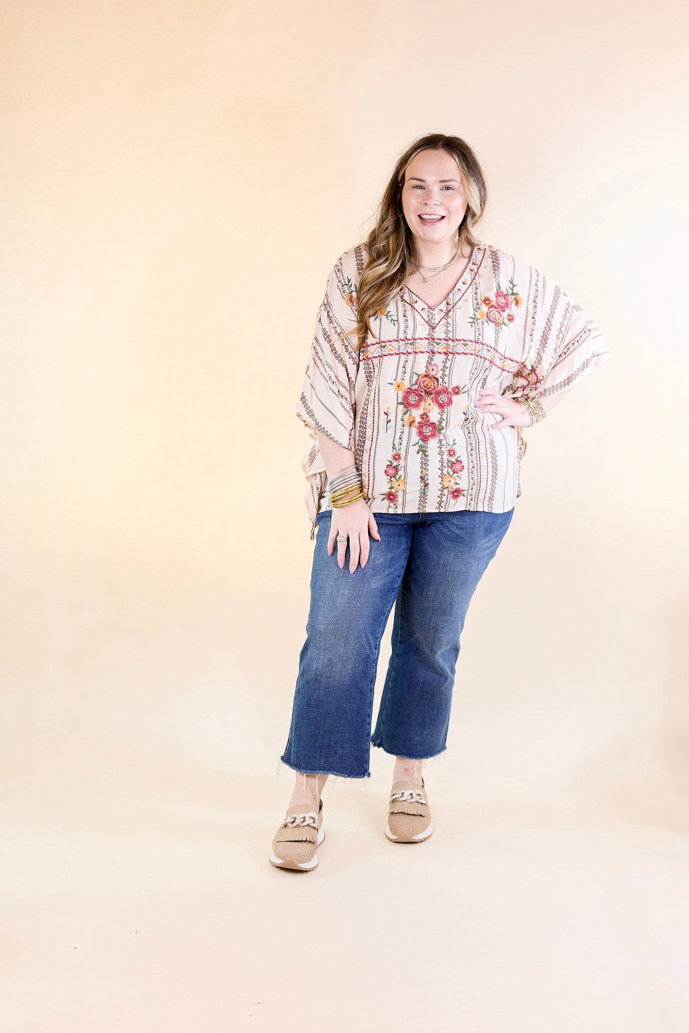 Trendy Look On A High Note Embroidered Poncho Top with V Neck in Ivory
