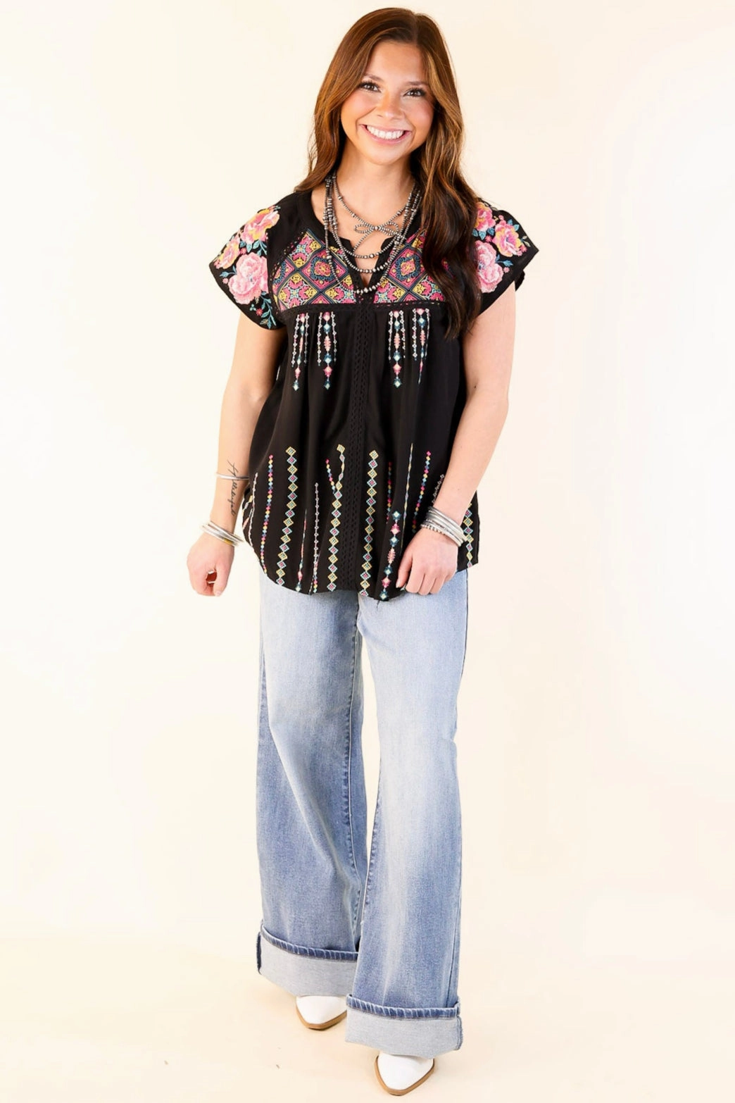 MultiFunctional Pocket Placement On A Journey Floral Embroidered V Notched Blouse in Black