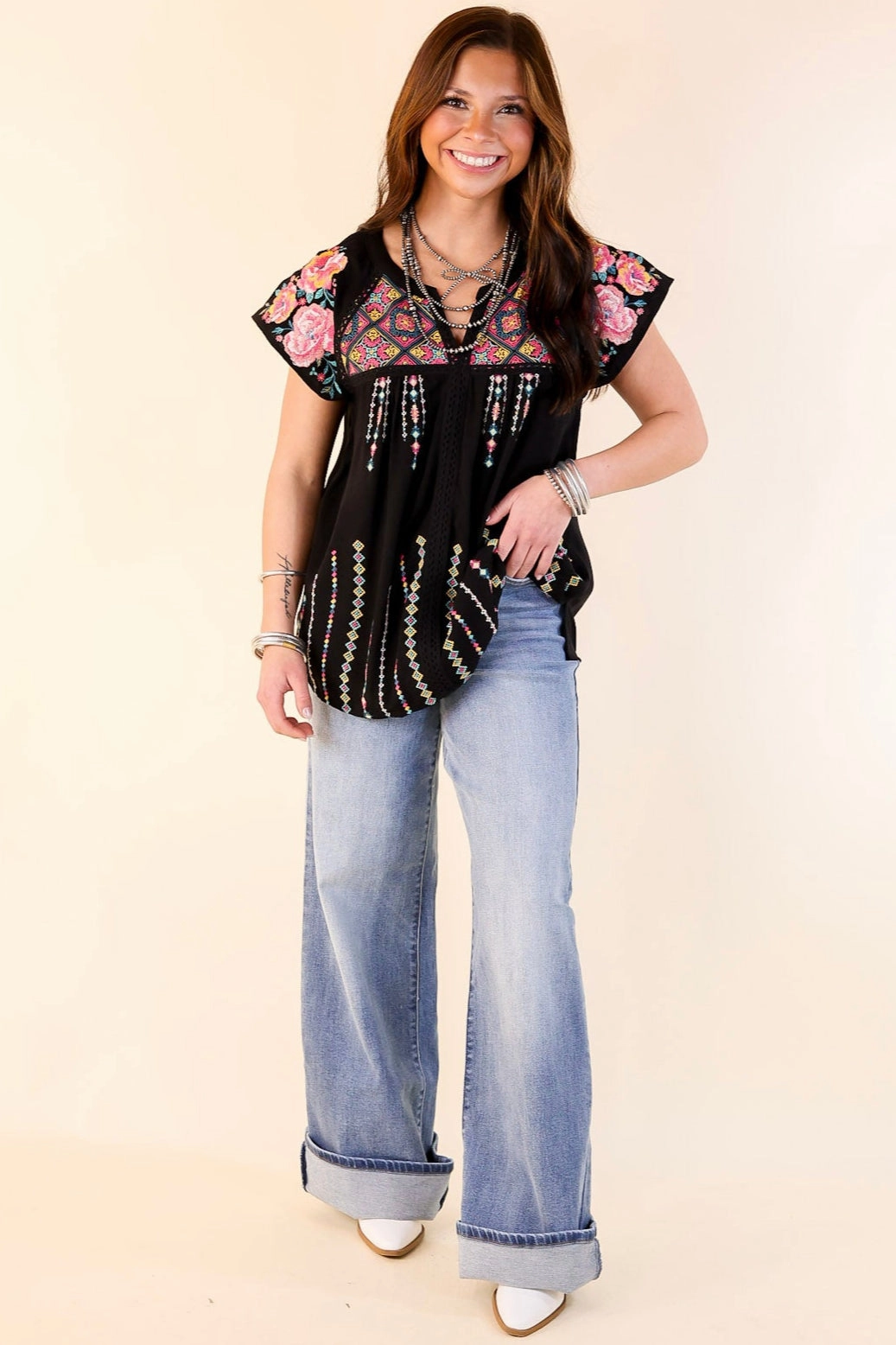 Light material MicroPerforated Details On A Journey Floral Embroidered V Notched Blouse in Black