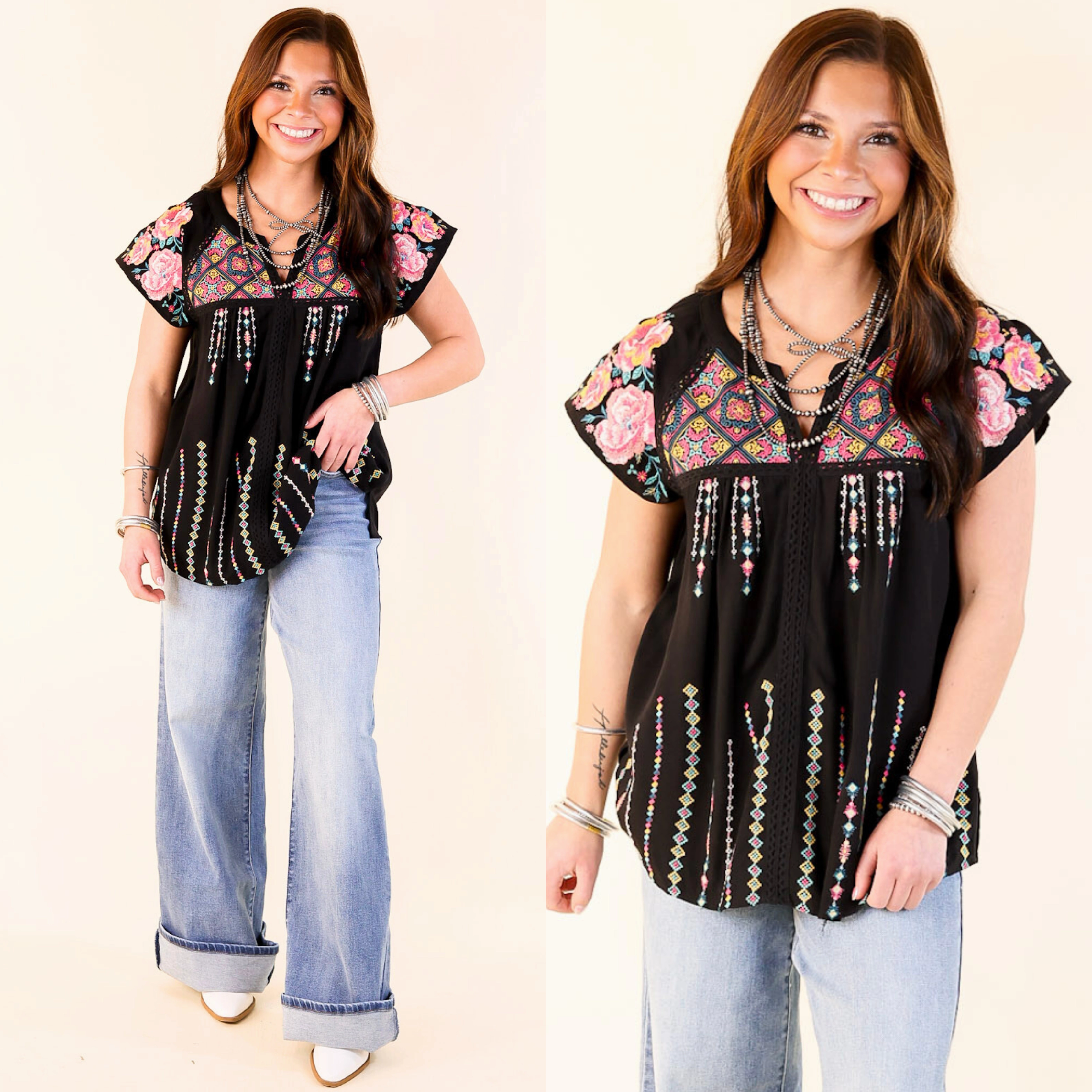 On A Journey Floral Embroidered V Notched Blouse in Black Garment Washed Softness