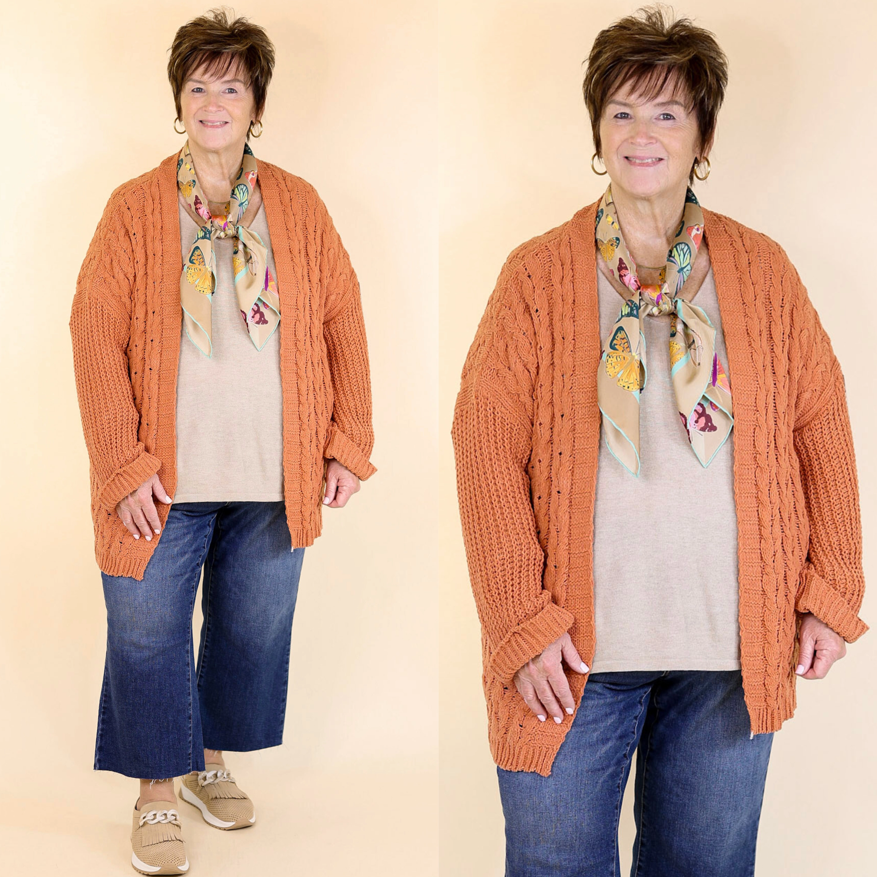 Architectural Tailoring Soft Knit On My Level Chenille Cable Knit Open Front Cardigan in Canyon Clay Orange