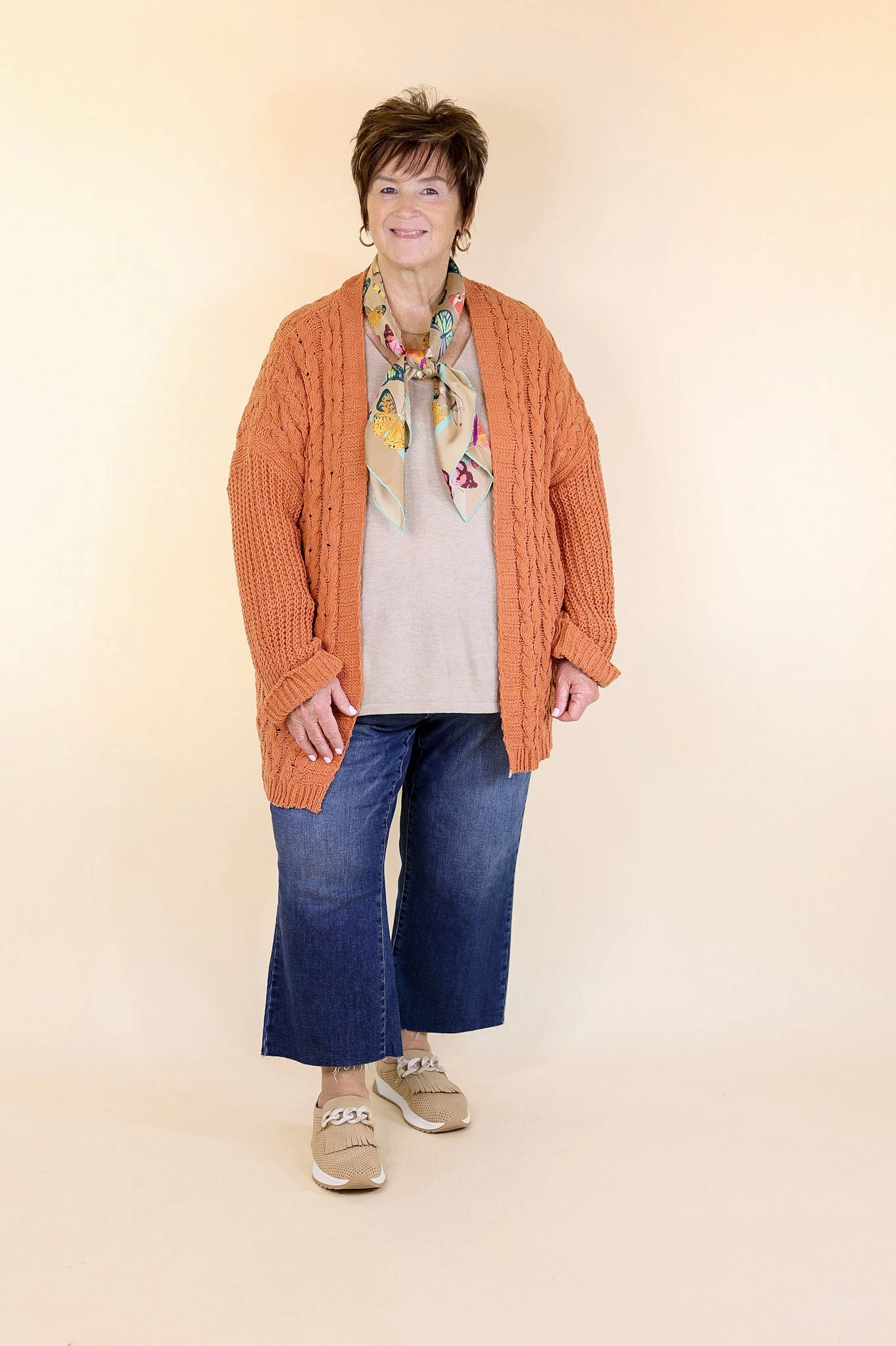 On My Level Chenille Cable Knit Open Front Cardigan in Canyon Clay Orange wrinkle free finish