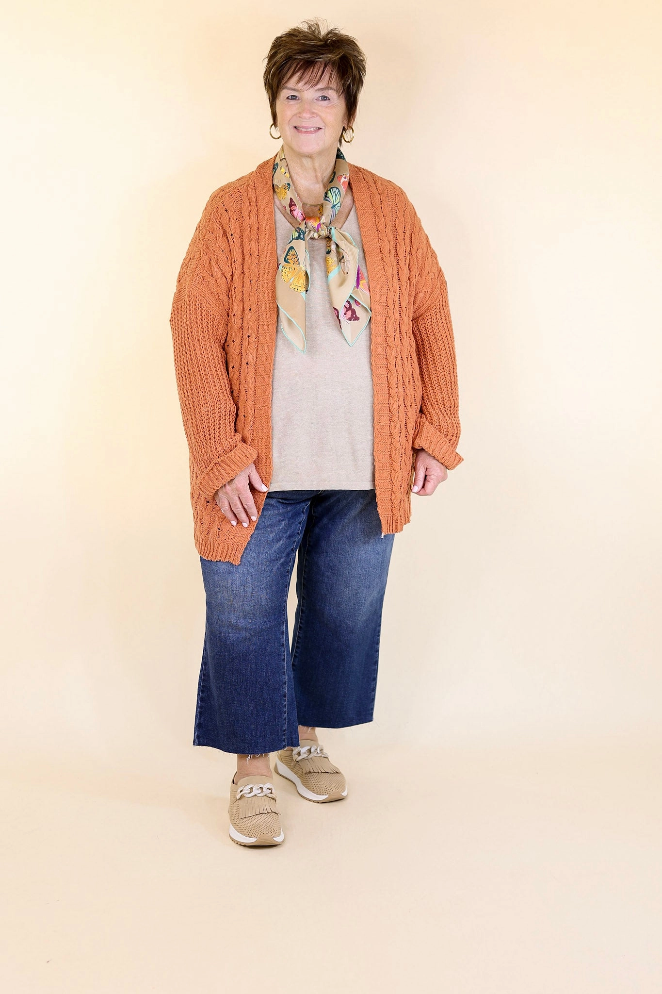 On My Level Chenille Cable Knit Open Front Cardigan in Canyon Clay Orange ThermalRegulationLayer Stretch Material