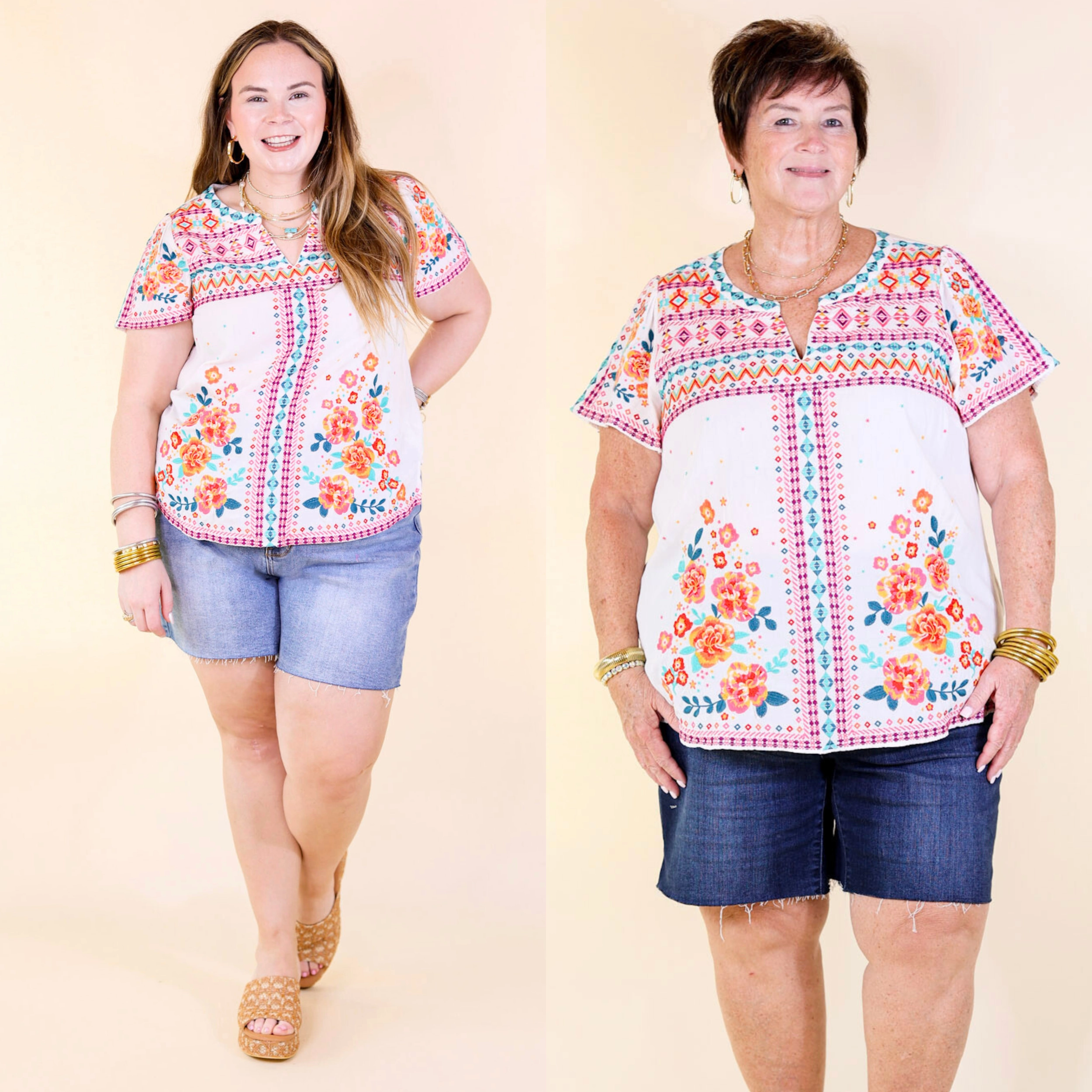 Durable Reinforced Elbows Curved Hemline On The Blog Notched Neck Embroidered Top in White