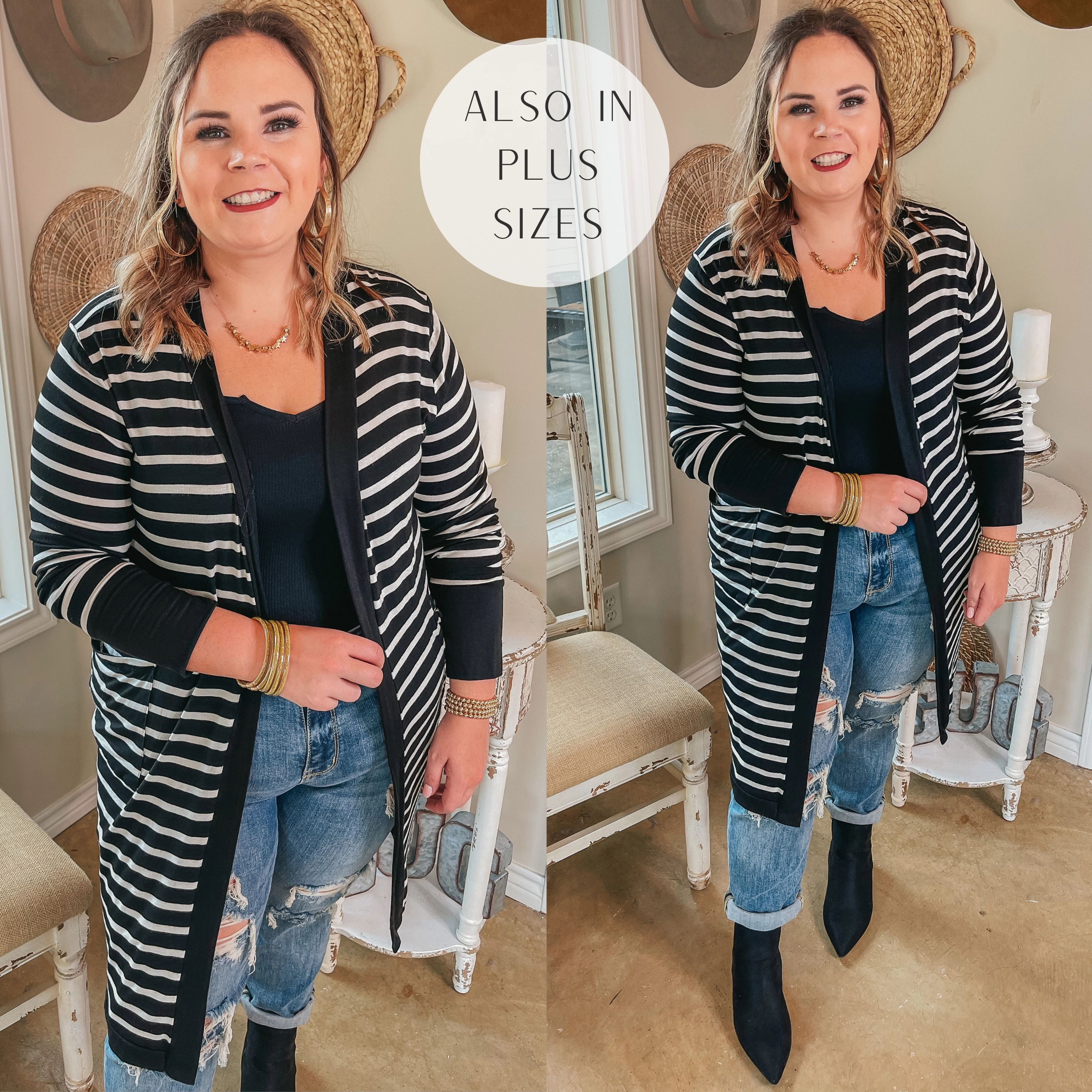 FastDrying Inner Layer On the Scene Long Sleeve Striped Open Front Cardigan in Black