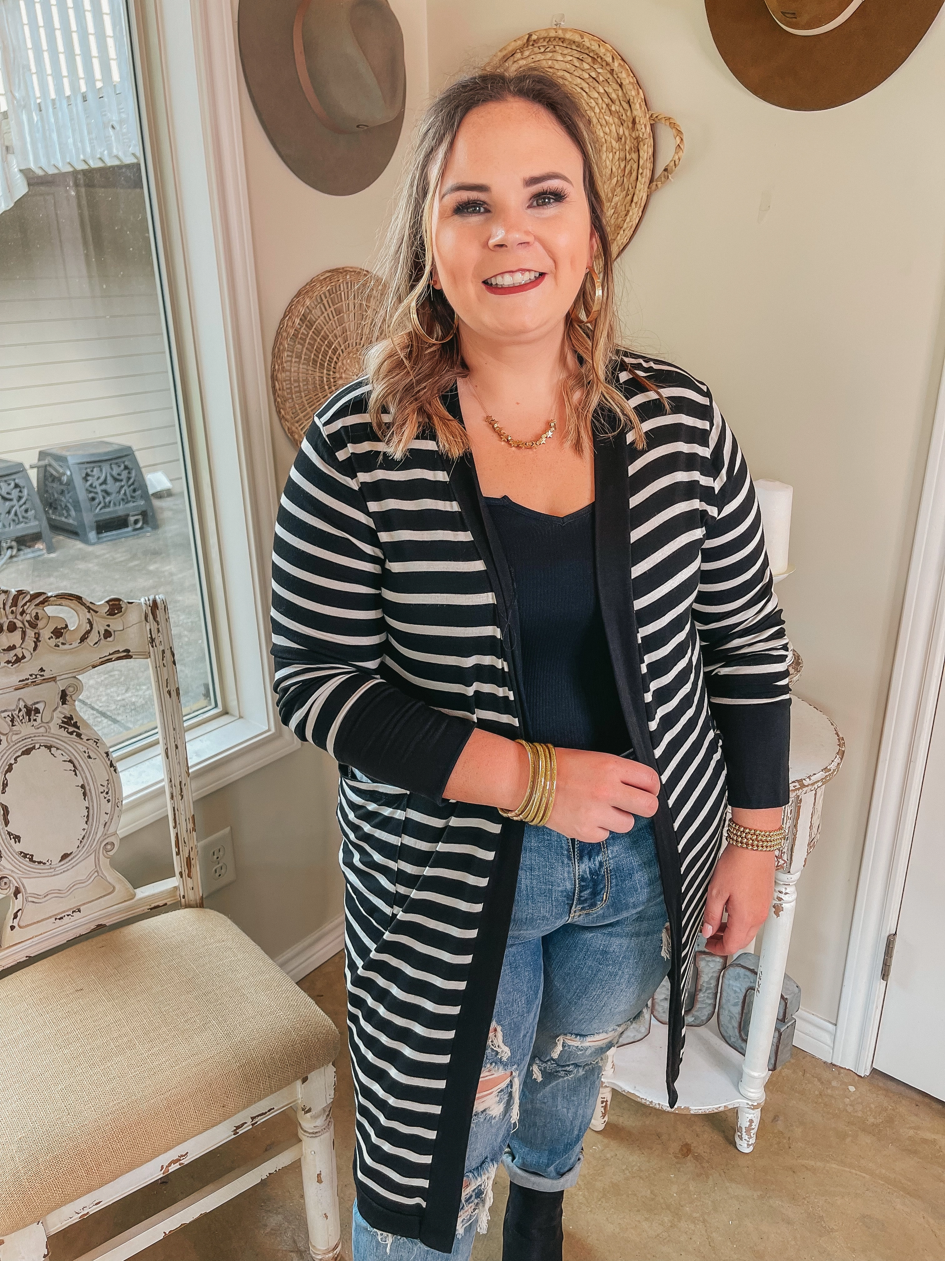 On the Scene Long Sleeve Striped Open Front Cardigan in Black Trendy Boots