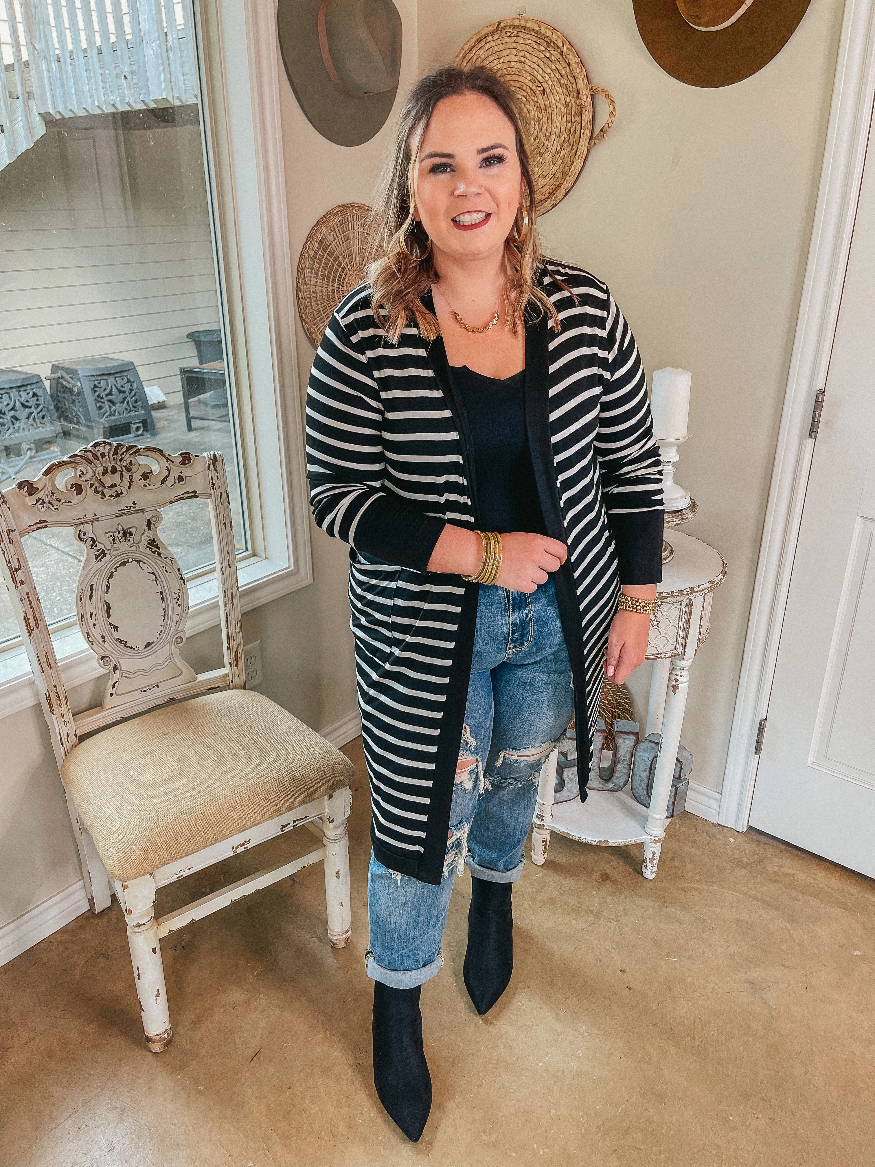 On the Scene Long Sleeve Striped Open Front Cardigan in Black Calm Wave