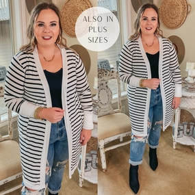 Net Fit On the Scene Long Sleeve Striped Open Front Cardigan in Ivory