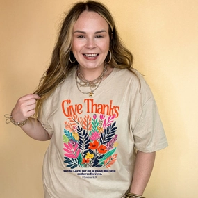 Online Exclusive | 1 Chronicles 16:34 Give Thanks Floral Fusion Graphic Tee in Multiple Color Options Soft and Light Wear ethical