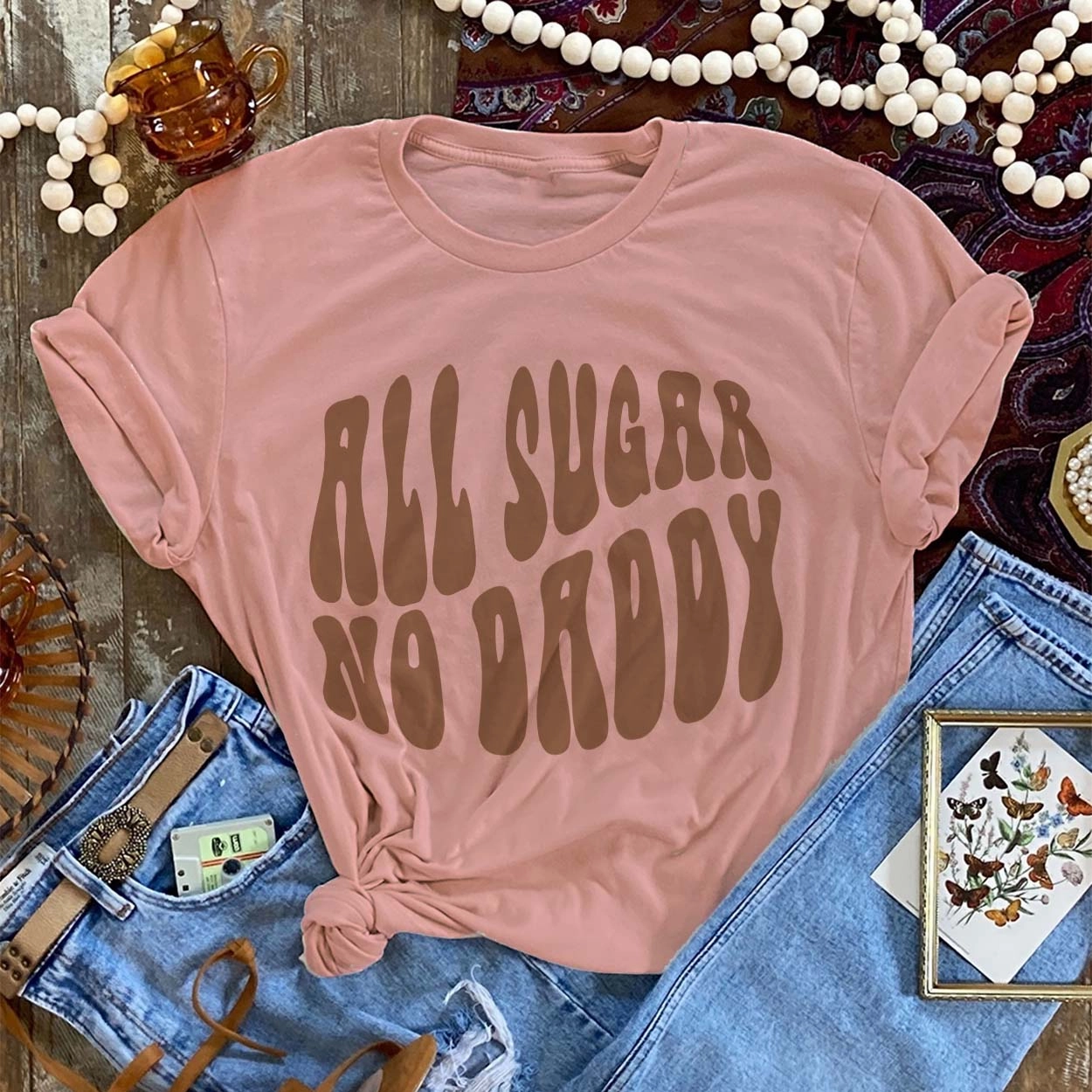Boho Free Online Exclusive | All Sugar, No Daddy Groovy Short Sleeve Graphic Tee in Dusty Rose