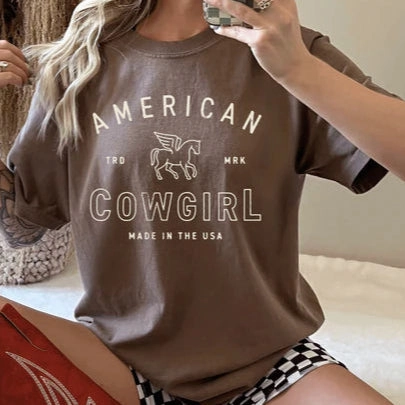 Self Fabric Tape Online Exclusive | American Cowgirl Graphic Comfort Color Tee in Espresso Brown