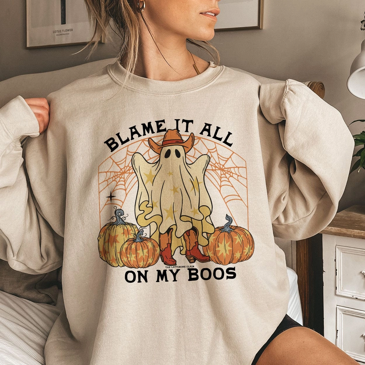 Sporty Shorts Online Exclusive | Blame It All On My Boos Long Sleeve Graphic Sweatshirt in Cream