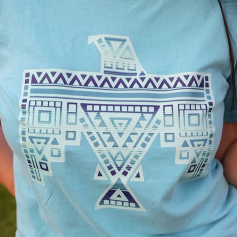 Online Exclusive | Blue Aztec Thunderbird Graphic on Short Sleeve Comfort Color Tee in Sapphire Blue Sleek Fit
