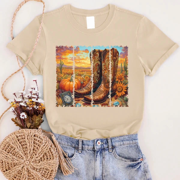 Online Exclusive | Boots in Sunset Graphic on Short Sleeve Tee in Sand Light Brown Perfect for Vacation Quick Dry Material