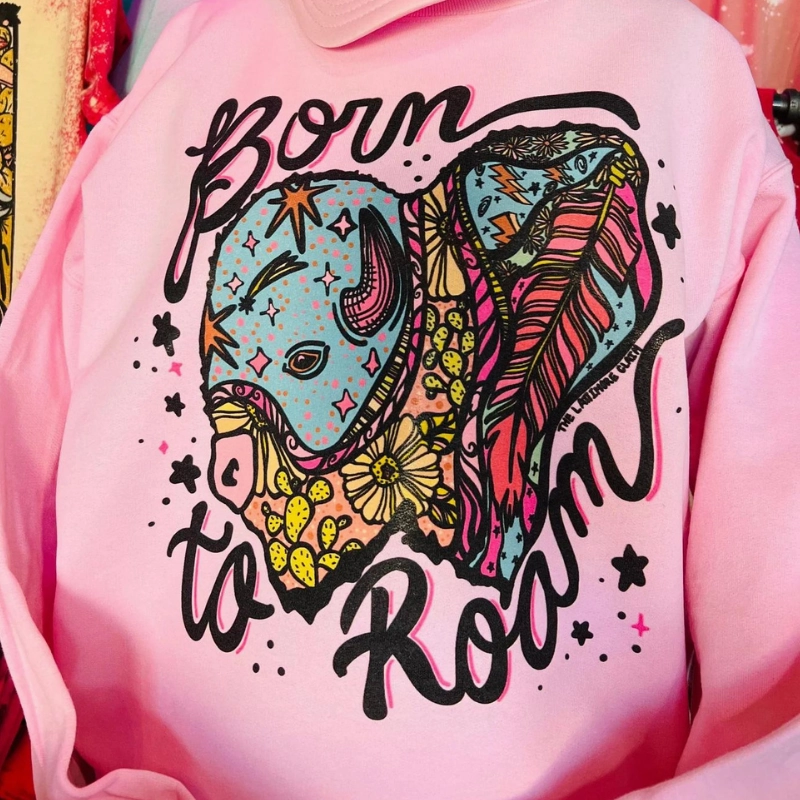 Easy Fit Wear Taped Neckline Online Exclusive | Born To Roam Buffalo Long Sleeve Graphic Sweatshirt in Baby Pink