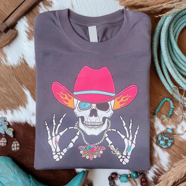 Online Exclusive | Boujee Skeleton Cowboy Graphic on Short Sleeve Comfort Color Tee in Graphite Grey Durable Stitching baby shower