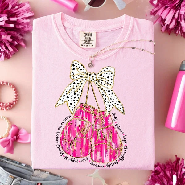Online Exclusive | Boxing Glove Breast Cancer Awareness Graphic on Short Sleeve Comfort Color Tee in Blossom Pink Layered Look Wear