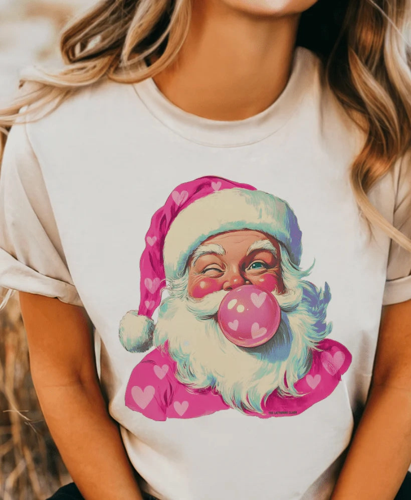 Online Exclusive | Bubblegum Heart Santa Graphic on Tee & Sweatshirt Options Minimal Look Everyday Chic
