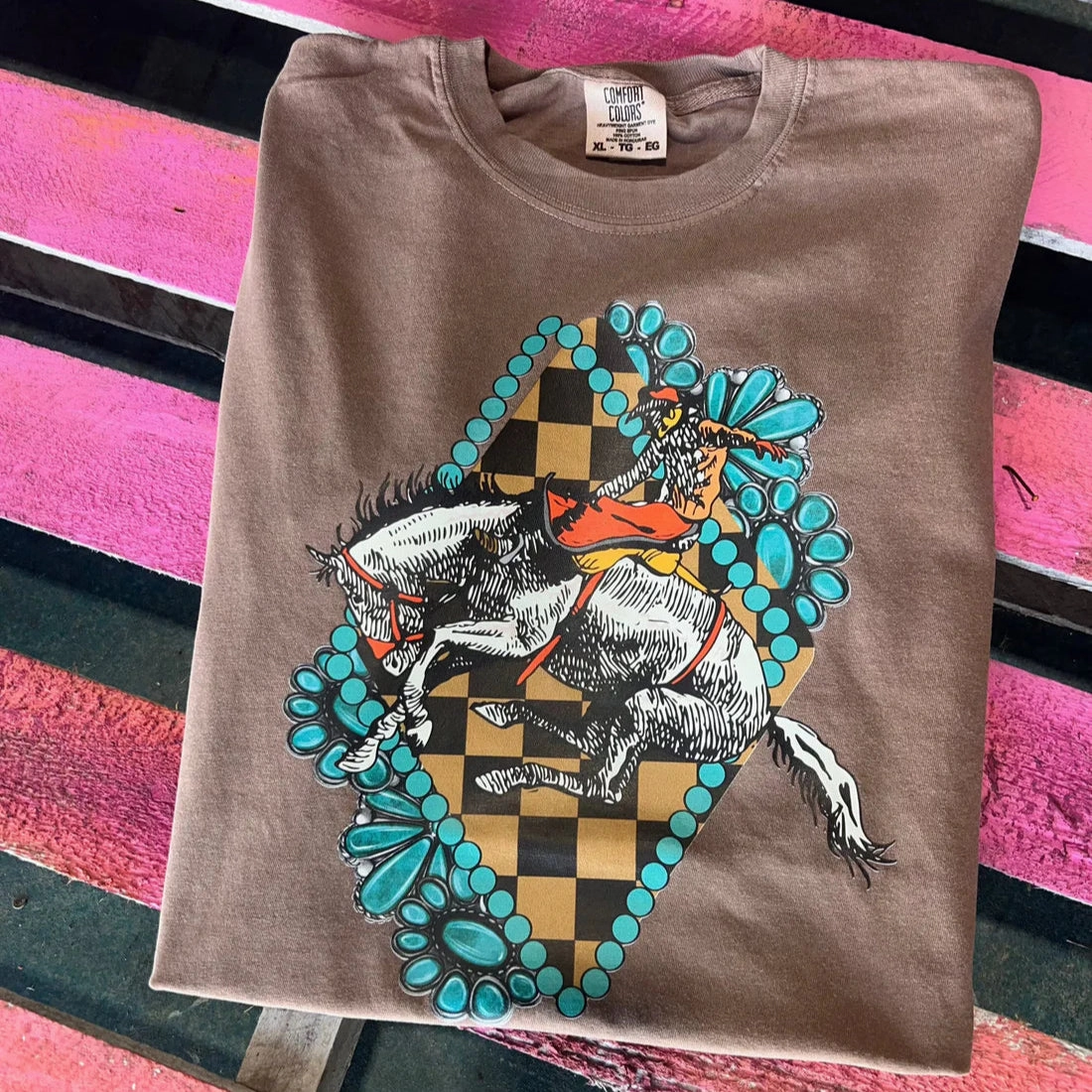 Holiday Wear Light Fashion Online Exclusive | Bucking Horse Turquoise Concho Graphic Comfort Color Tee in Espresso Brown