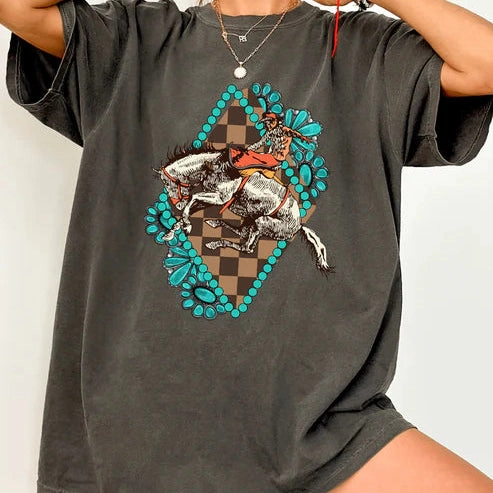 Online Exclusive | Bucking Horse Turquoise Concho Graphic Comfort Color Tee in Pepper Black Fashionable Option elastic waistband