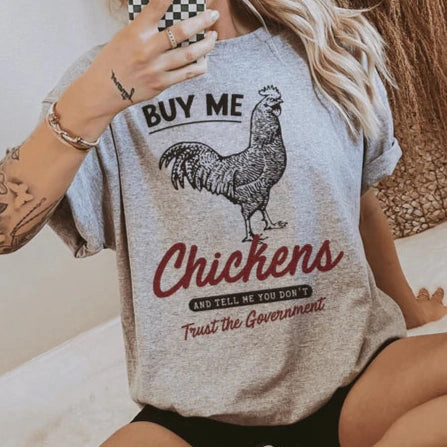 Online Exclusive | Buy Me Chickens and Tell me You Don't Trust the Government Graphic Tee in Light Heather Grey Affordable Fashion