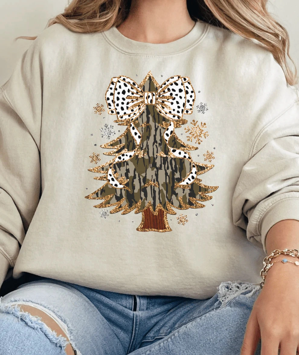 Cozy Vibe Wear Cozy Hug Online Exclusive | Camo Christmas Tree Graphic on Sweatshirt - Two Color Options
