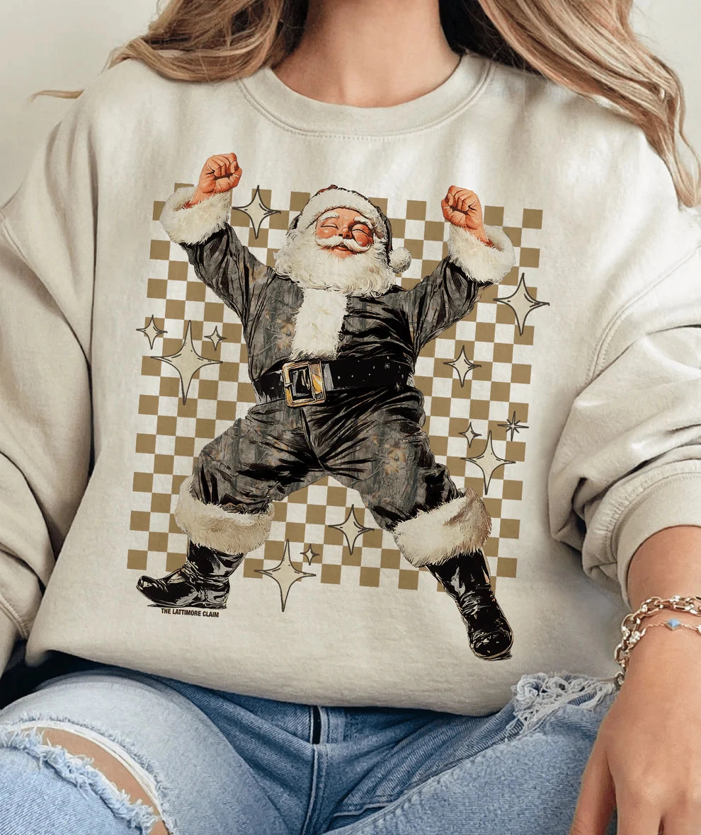 Online Exclusive | Camo Santa with Checkered Background Graphic on Tee & Sweatshirt Option  - Cream NonRestrictive Cut