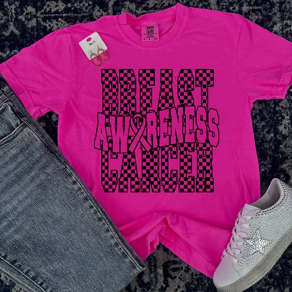 Online Exclusive | Checkered Breast Cancer Awareness Graphic on Short Sleeve Comfort Color Tee in Neon Pink Comfortable Casual Easy Wear