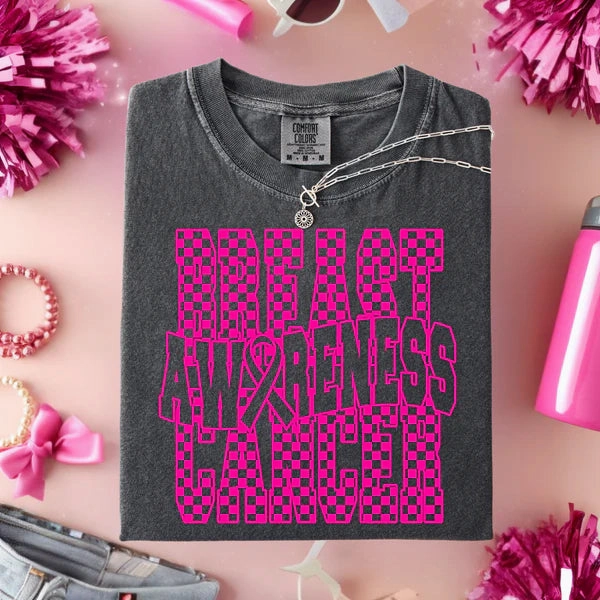 Online Exclusive | Checkered Breast Cancer Awareness Graphic on Short Sleeve Comfort Color Tee in Pepper Black Casual Fashion