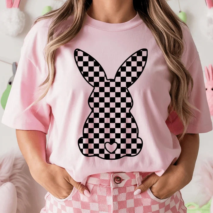 Online Exclusive | Checkered Easter Bunny Graphic Tee in Light Pink Versatile Outfit MoistureWicking Technology