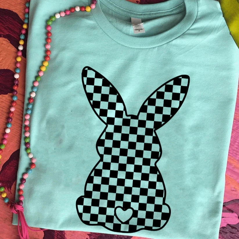 Online Exclusive | Checkered Easter Bunny Graphic Tee in Mint Blue Sublimation Resistant Fabric Soft Feel