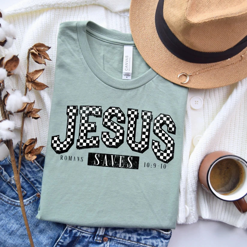 Online Exclusive | Checkered Jesus Saves Graphic Tee in Dusty Blue On-the-Go Comfort
