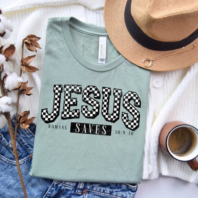 Workout Gear Online Exclusive | Checkered Jesus Saves Graphic Tee in Dusty Blue