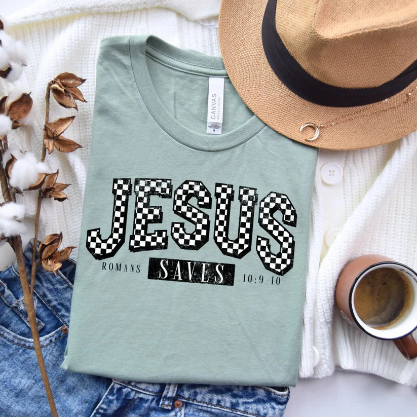 Adjustable Fit Laser Cut Edges Online Exclusive | Checkered Jesus Saves Graphic Tee in Dusty Blue