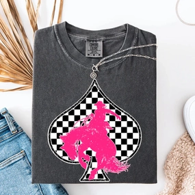 Collared Everyday Chic Online Exclusive | Checkered Spade Pink Bronc Graphic on Short Sleeve Comfort Color Tee in Pepper Black