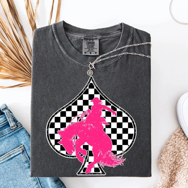 shopping Online Exclusive | Checkered Spade Pink Bronc Graphic on Short Sleeve Comfort Color Tee in Pepper Black