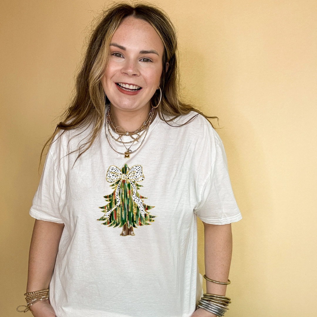 Lightweight Material Street Trendy Online Exclusive | Christmas Tree Watercolor and Gold Accents Graphic Tee in Multiple Color Options