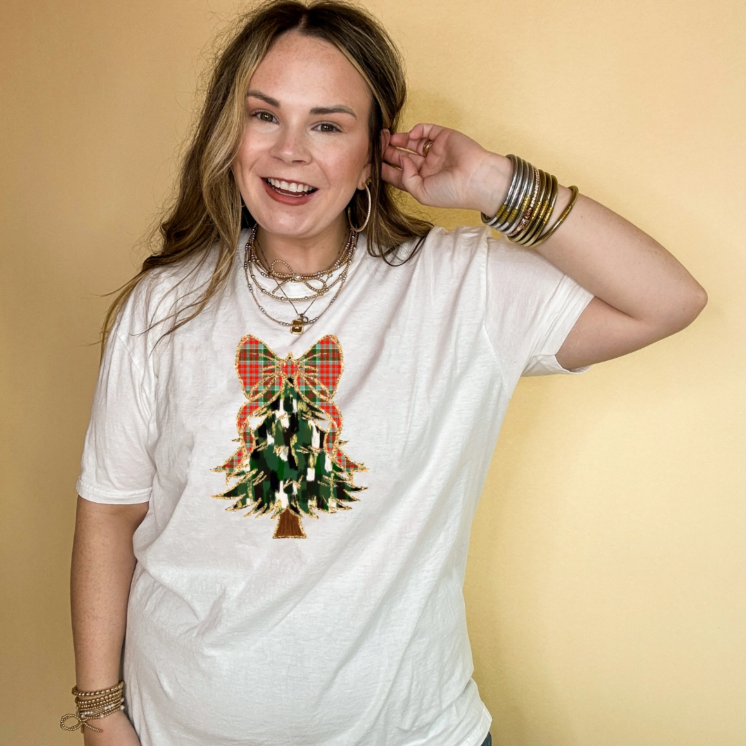 Online Exclusive | Christmas Tree Watercolor with Plaid Bow Graphic Tee in Multiple Color Options Breathable Design All-day Comfort
