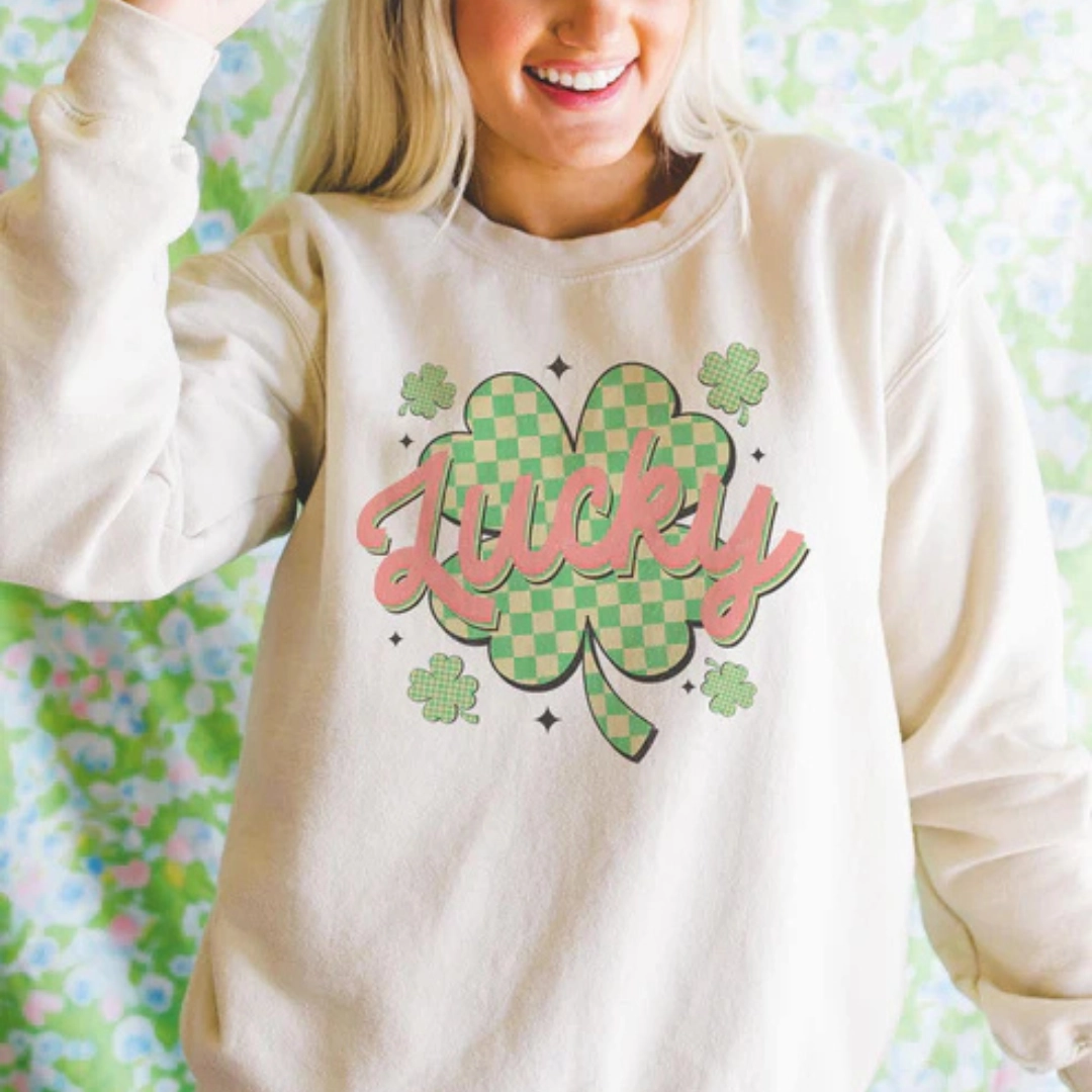 Online Exclusive | Clover Charm Checkered Shamrock Lucky Graphic Sweatshirt in Cream Fashion Top