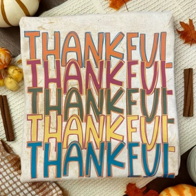 Online Exclusive | Colorful Thankful Stacked Graphic on Short Sleeve Comfort Color Tee in Citrine Yellow Abstract print Comfy Essentials